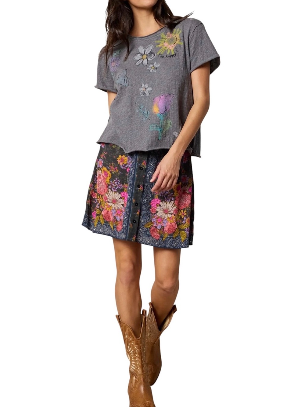 NATURAL LIFE Elaina Mini Skirt Medium NWT English Garden Charcoal Floral Print - Picture 2 of 10